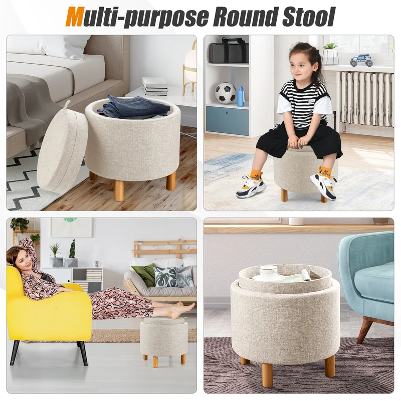 Round Fabric Storage Ottoman With Tray, Non-Slip Pads, Beige