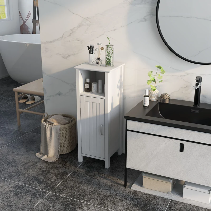 Freestanding Bathroom Cabinet, 1 Door, Open Shelf, White