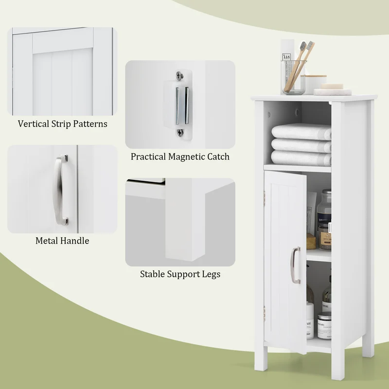 Freestanding Bathroom Cabinet, 1 Door, Open Shelf, White