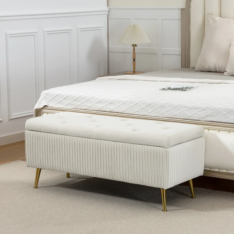 43 Inch Storage Ottoman Bench, Steel Legs, Padded Seat, Beige
