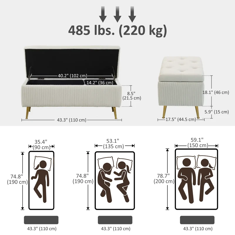 43 Inch Storage Ottoman Bench, Steel Legs, Padded Seat, Beige
