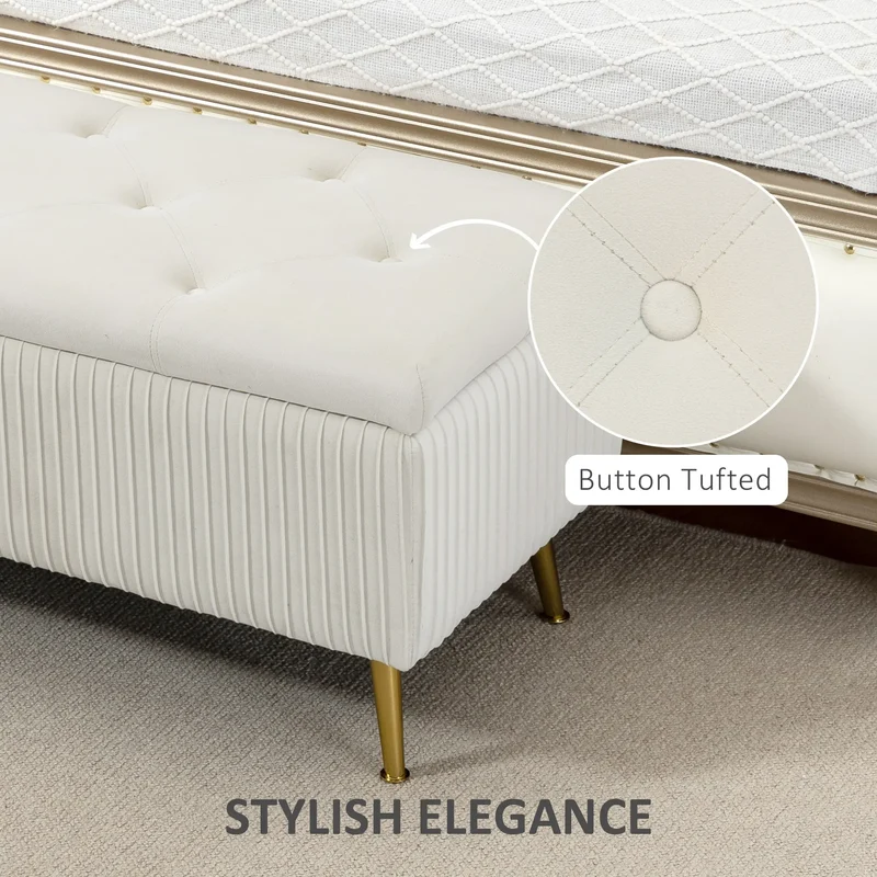 43 Inch Storage Ottoman Bench, Steel Legs, Padded Seat, Beige