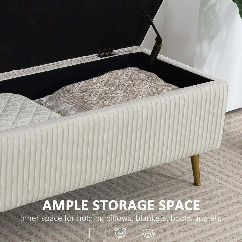 43 Inch Storage Ottoman Bench, Steel Legs, Padded Seat, Beige