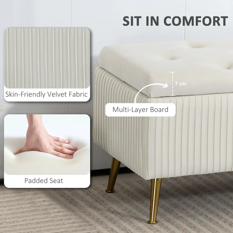 43 Inch Storage Ottoman Bench, Steel Legs, Padded Seat, Beige