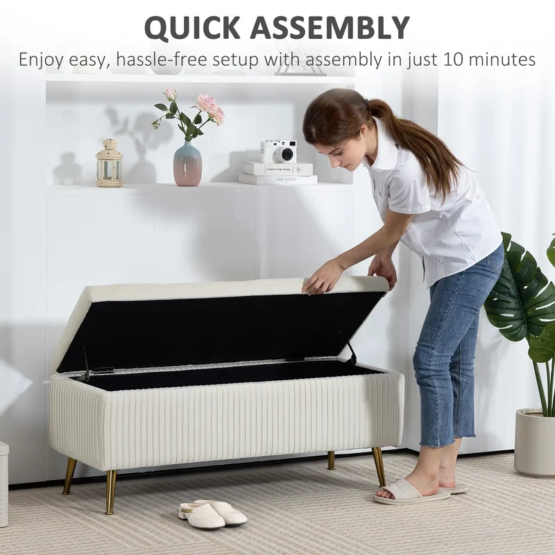 43 Inch Storage Ottoman Bench, Steel Legs, Padded Seat, Beige