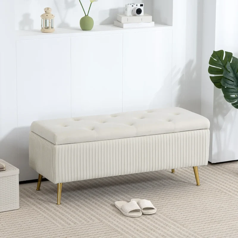 43 Inch Storage Ottoman Bench, Steel Legs, Padded Seat, Beige