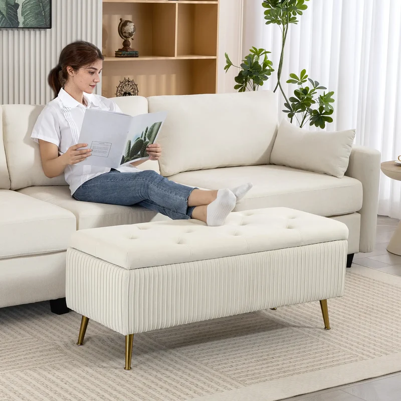 43 Inch Storage Ottoman Bench, Steel Legs, Padded Seat, Beige