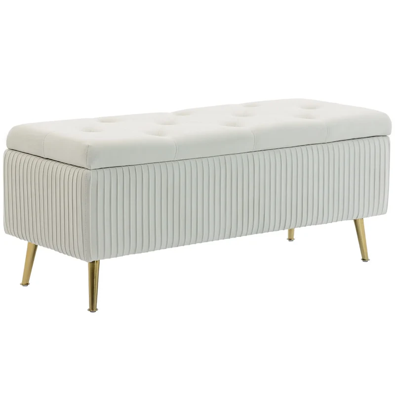 43 Inch Storage Ottoman Bench, Steel Legs, Padded Seat, Beige