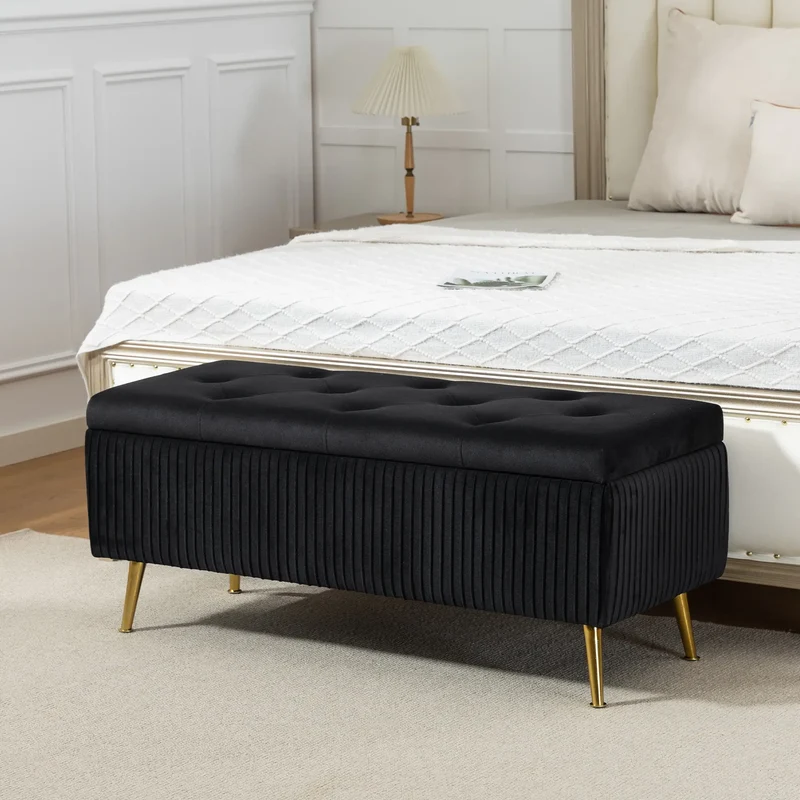 43 Inch Storage Ottoman Bench, Steel Legs, Padded Seat, Black