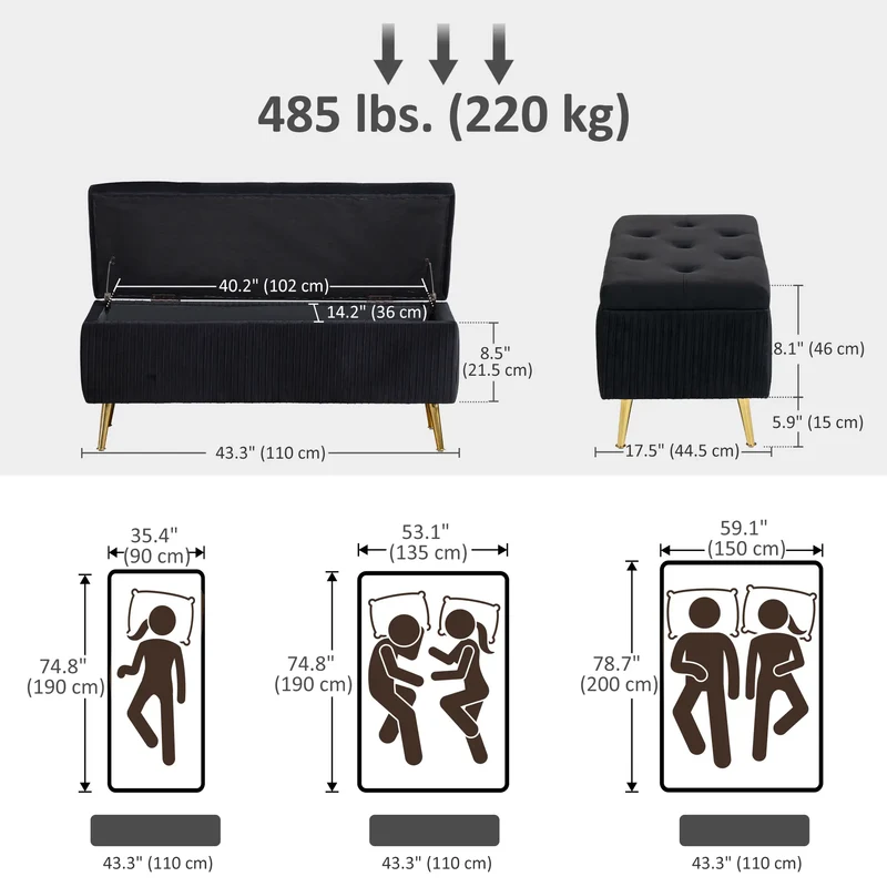 43 Inch Storage Ottoman Bench, Steel Legs, Padded Seat, Black