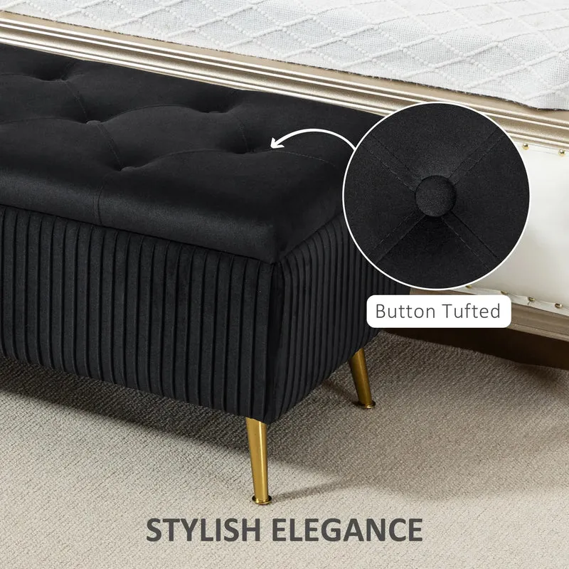 43 Inch Storage Ottoman Bench, Steel Legs, Padded Seat, Black