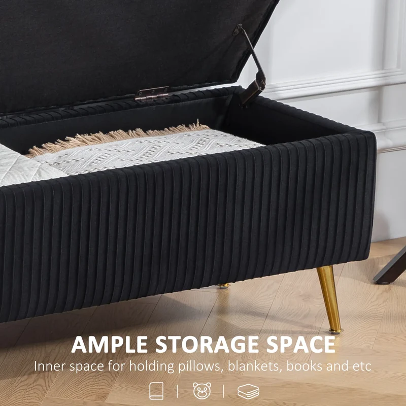 43 Inch Storage Ottoman Bench, Steel Legs, Padded Seat, Black