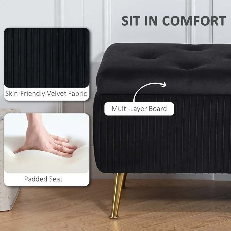 43 Inch Storage Ottoman Bench, Steel Legs, Padded Seat, Black