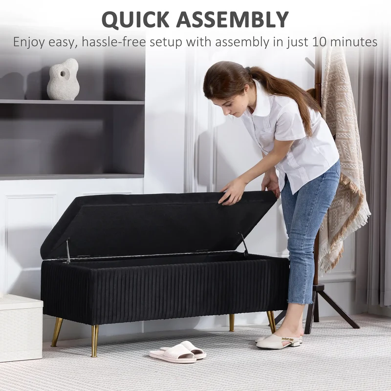 43 Inch Storage Ottoman Bench, Steel Legs, Padded Seat, Black