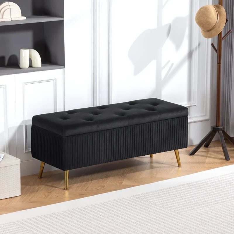 43 Inch Storage Ottoman Bench, Steel Legs, Padded Seat, Black