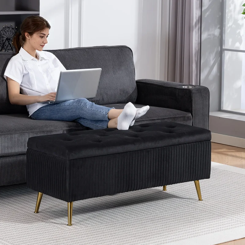 43 Inch Storage Ottoman Bench, Steel Legs, Padded Seat, Black