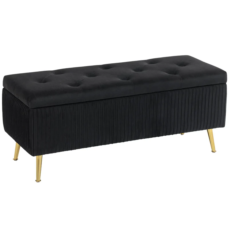 43 Inch Storage Ottoman Bench, Steel Legs, Padded Seat, Black