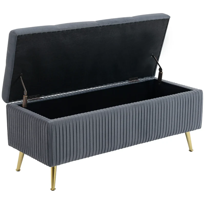 43 Inch Storage Ottoman Bench, Steel Legs, Padded Seat, Dark Grey