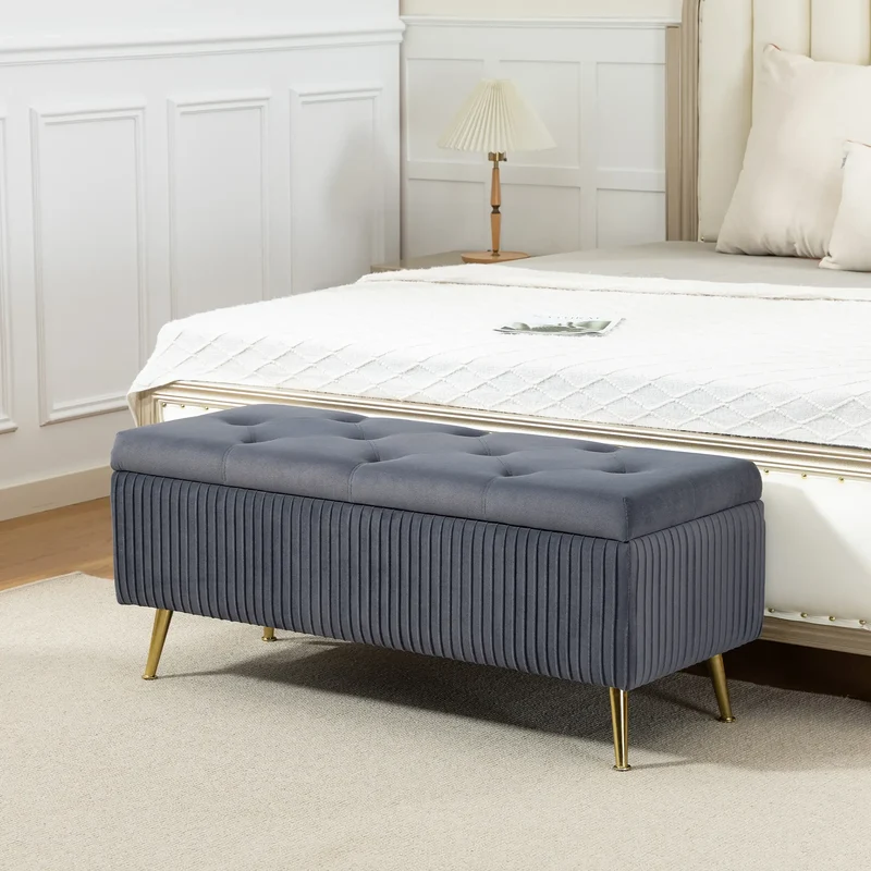 43 Inch Storage Ottoman Bench, Steel Legs, Padded Seat, Dark Grey