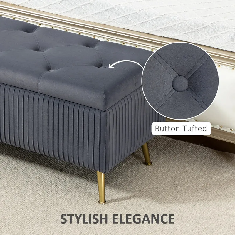 43 Inch Storage Ottoman Bench, Steel Legs, Padded Seat, Dark Grey