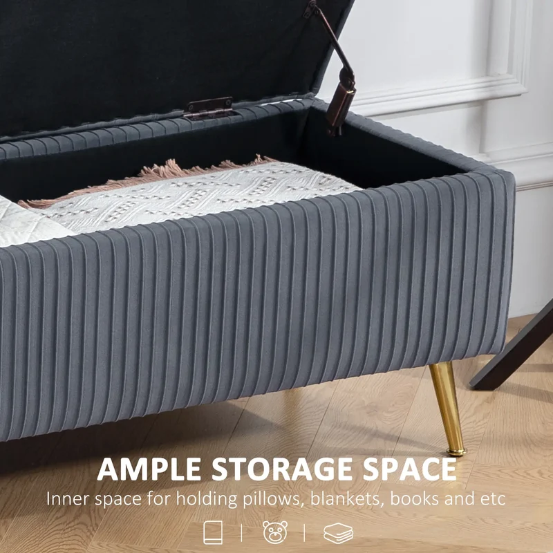 43 Inch Storage Ottoman Bench, Steel Legs, Padded Seat, Dark Grey