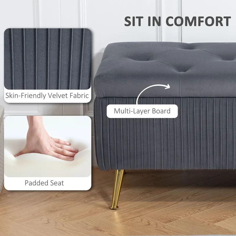 43 Inch Storage Ottoman Bench, Steel Legs, Padded Seat, Dark Grey