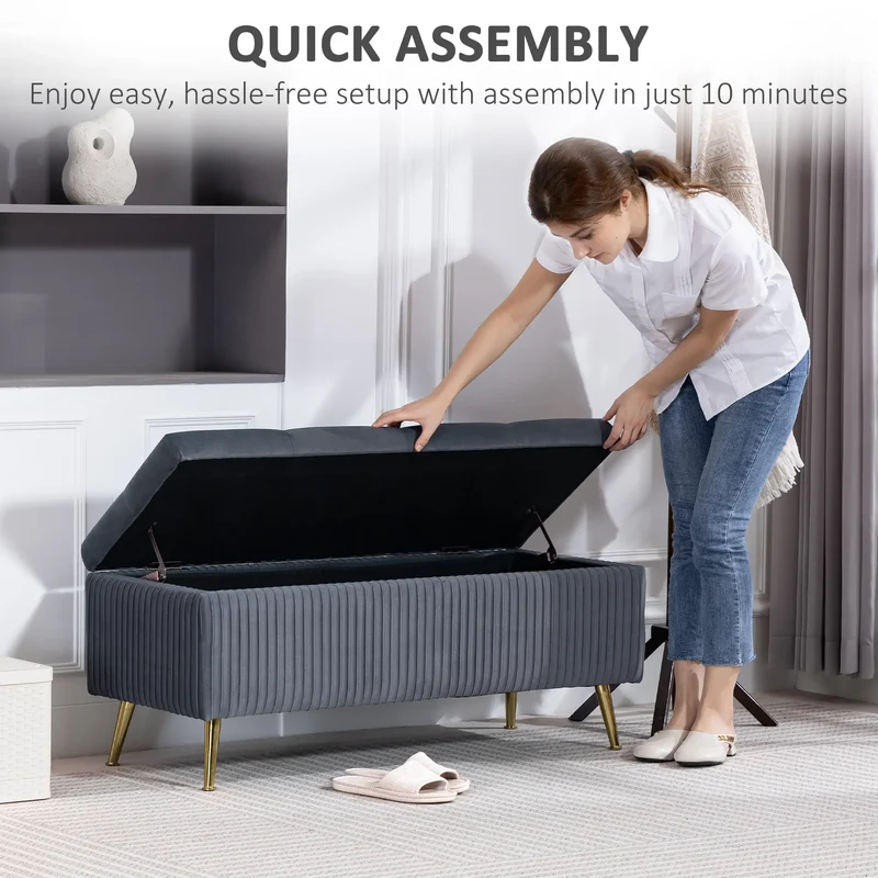 43 Inch Storage Ottoman Bench, Steel Legs, Padded Seat, Dark Grey