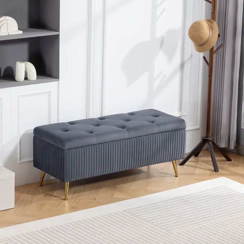 43 Inch Storage Ottoman Bench, Steel Legs, Padded Seat, Dark Grey