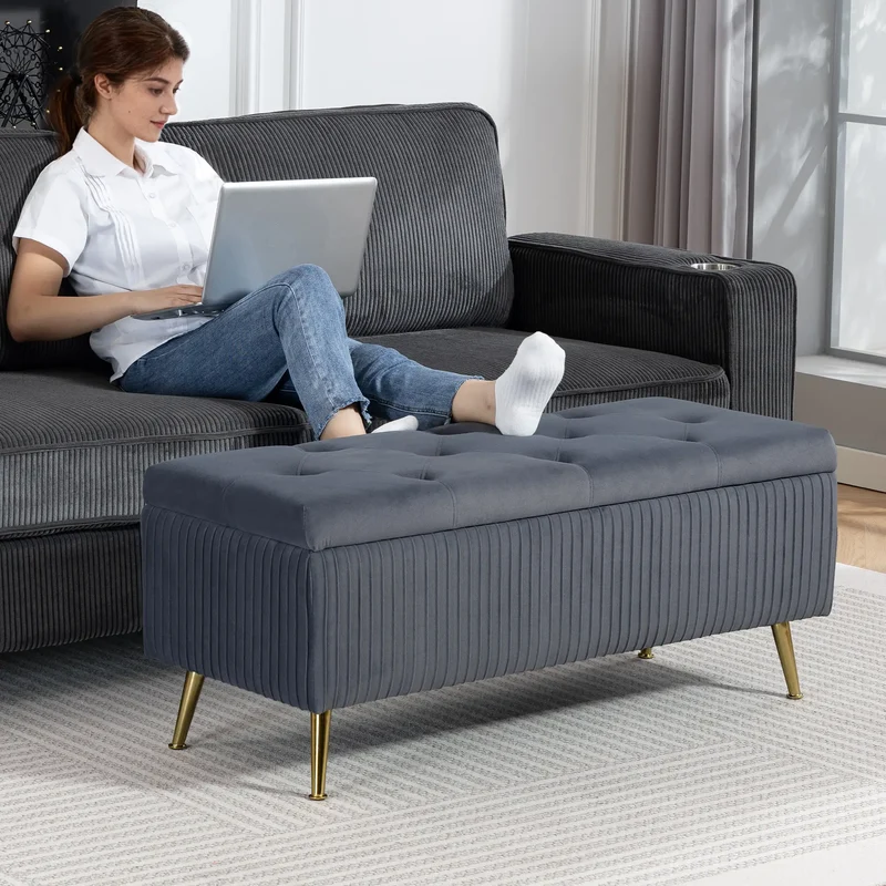 43 Inch Storage Ottoman Bench, Steel Legs, Padded Seat, Dark Grey