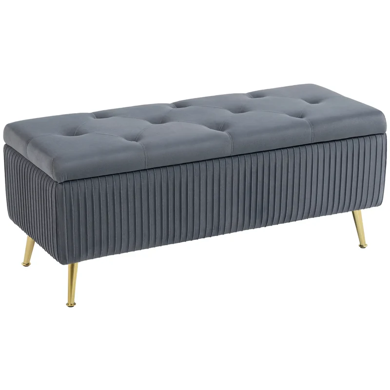 43 Inch Storage Ottoman Bench, Steel Legs, Padded Seat, Dark Grey