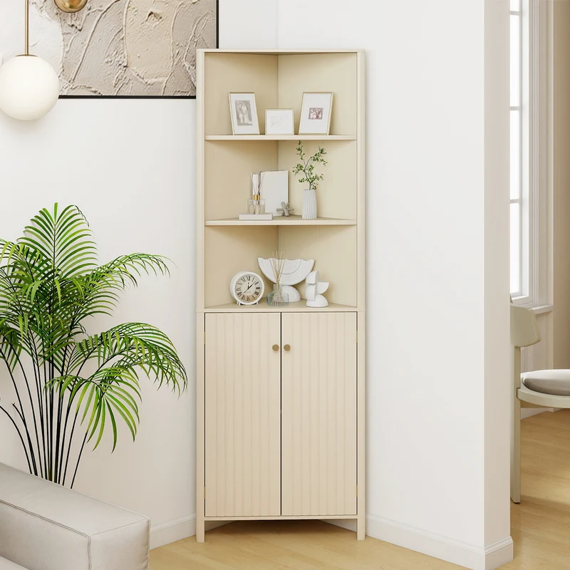 68 Inch Tall Corner Cabinet with 5 Shelves and 2 Fluted Doors for Bathroom, Beige