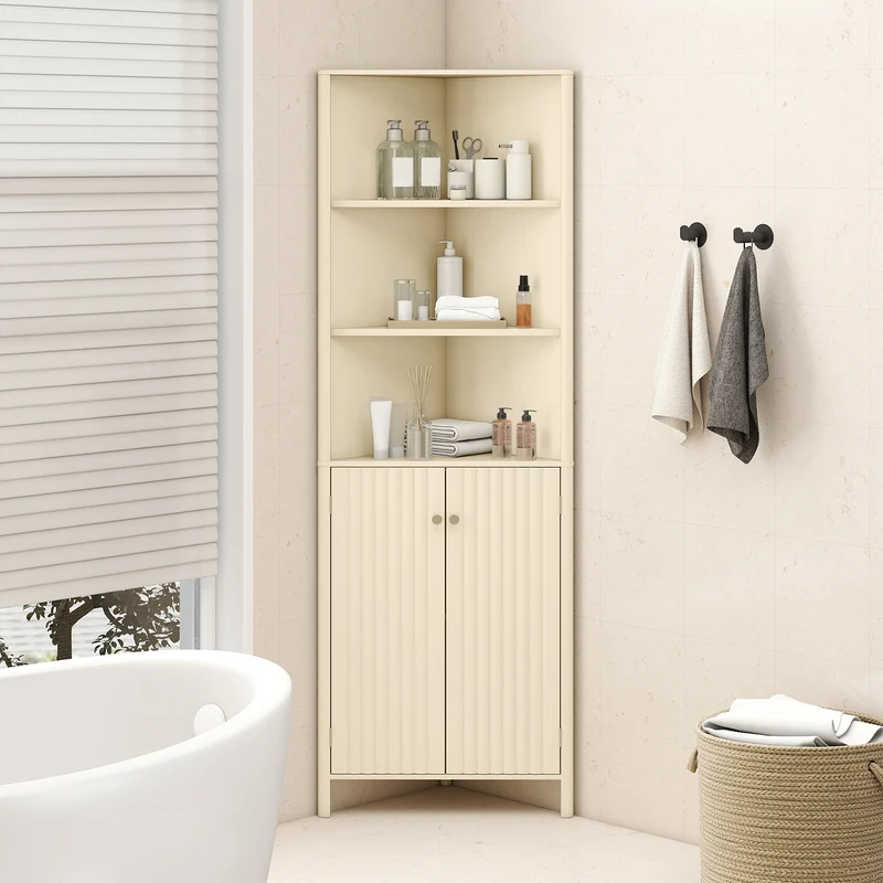 68 Inch Tall Corner Cabinet with 5 Shelves and 2 Fluted Doors for Bathroom, Beige