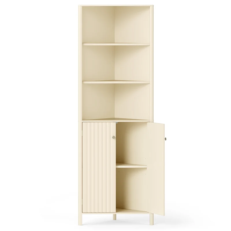 68 Inch Tall Corner Cabinet with 5 Shelves and 2 Fluted Doors for Bathroom, Beige