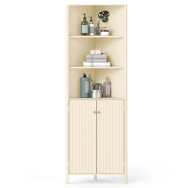 68 Inch Tall Corner Cabinet with 5 Shelves and 2 Fluted Doors for Bathroom, Beige