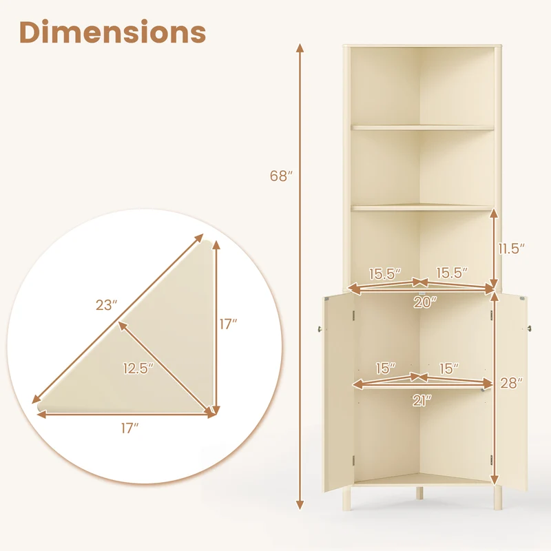 68 Inch Tall Corner Cabinet with 5 Shelves and 2 Fluted Doors for Bathroom, Beige