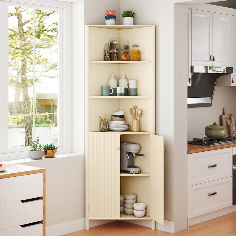 68 Inch Tall Corner Cabinet with 5 Shelves and 2 Fluted Doors for Bathroom, Beige