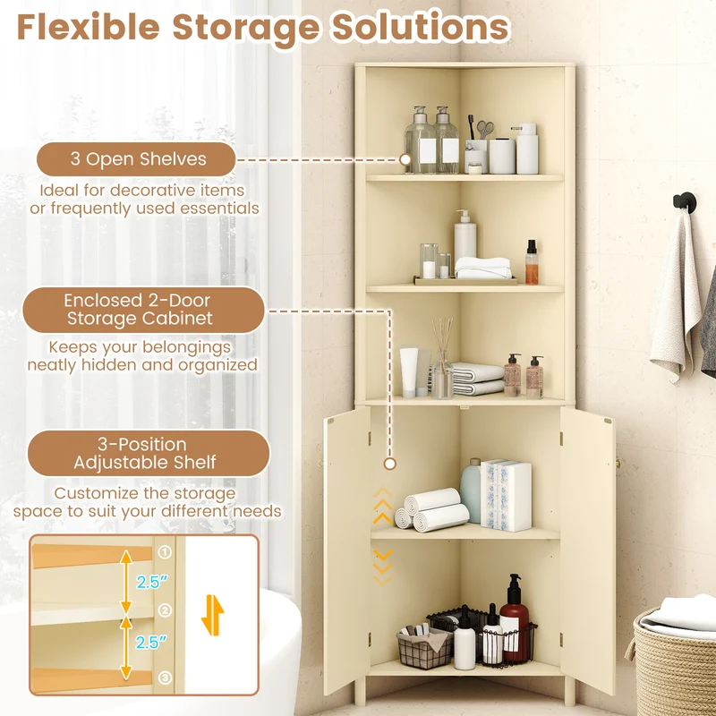 68 Inch Tall Corner Cabinet with 5 Shelves and 2 Fluted Doors for Bathroom, Beige