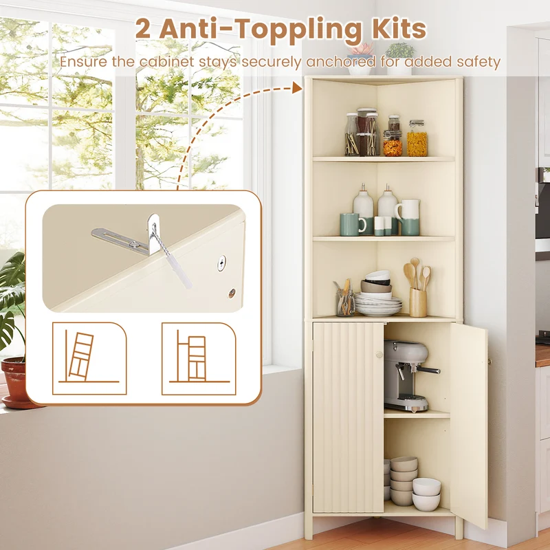 68 Inch Tall Corner Cabinet with 5 Shelves and 2 Fluted Doors for Bathroom, Beige