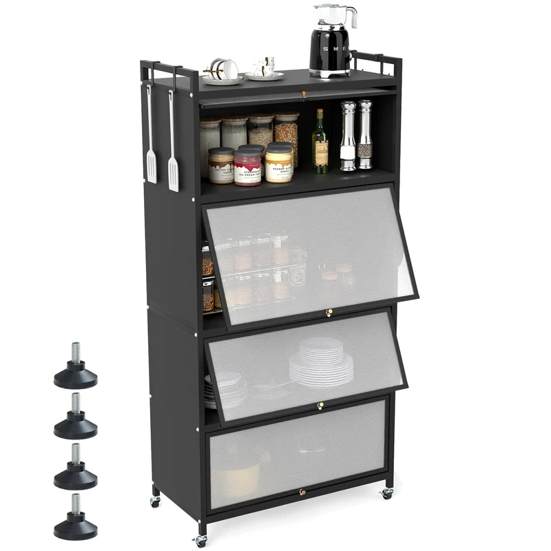 5-Tier Kitchen Storage Cabinet with 4 Flip-up Doors, Black