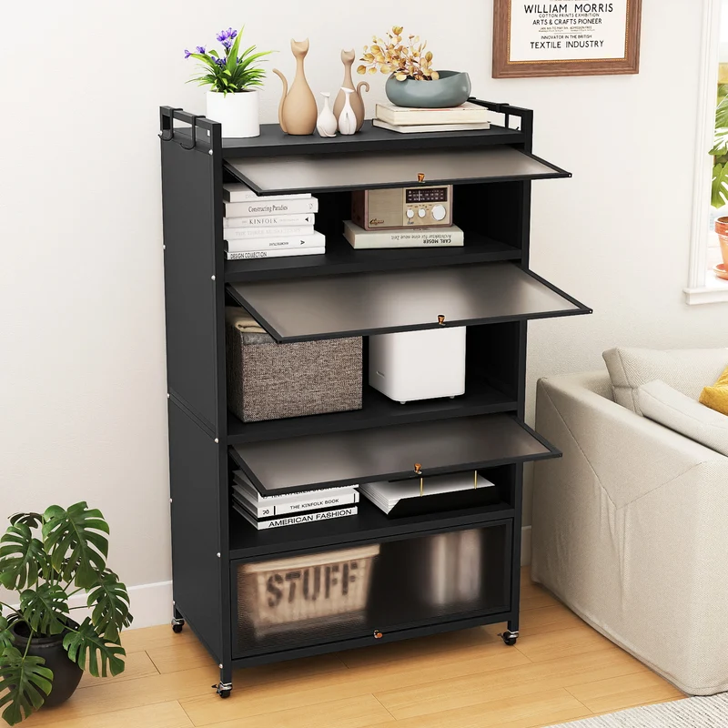 5-Tier Kitchen Storage Cabinet with 4 Flip-up Doors, Black