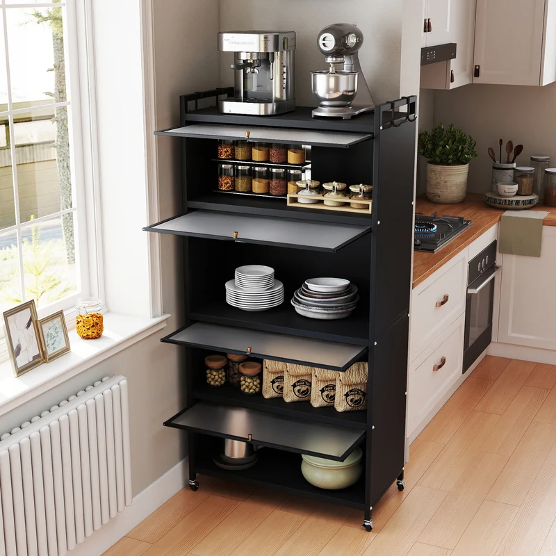 5-Tier Kitchen Storage Cabinet with 4 Flip-up Doors, Black