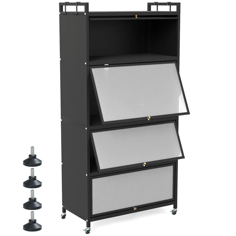 5-Tier Kitchen Storage Cabinet with 4 Flip-up Doors, Black