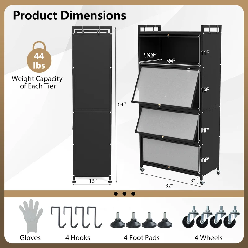5-Tier Kitchen Storage Cabinet with 4 Flip-up Doors, Black