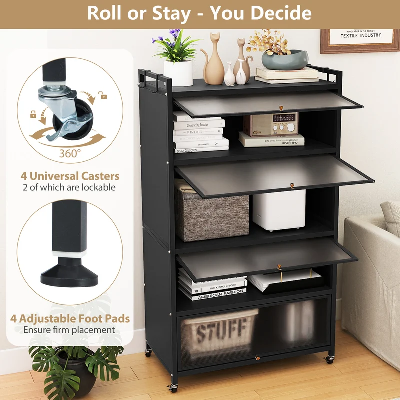 5-Tier Kitchen Storage Cabinet with 4 Flip-up Doors, Black