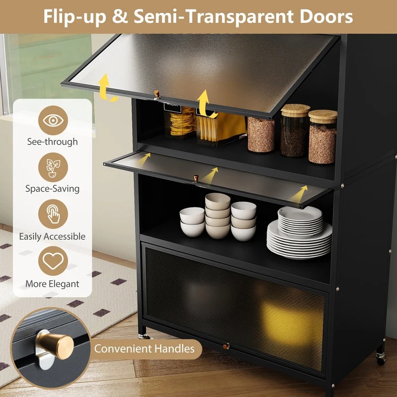 5-Tier Kitchen Storage Cabinet with 4 Flip-up Doors, Black
