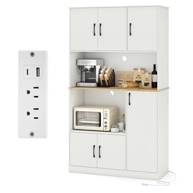 71" Tall Kitchen Pantry Cabinet with Charging Station Wooden Buffet Cupboard Sideboard, White