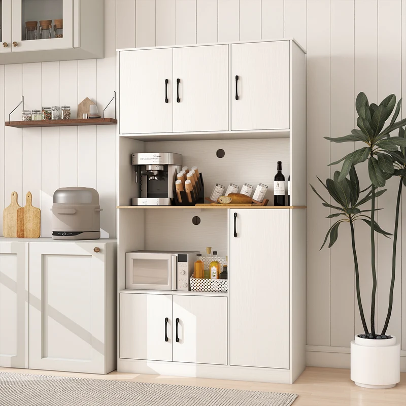 71" Tall Kitchen Pantry Cabinet with Charging Station Wooden Buffet Cupboard Sideboard, White