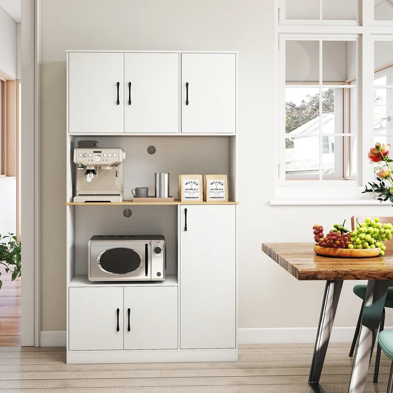 71" Tall Kitchen Pantry Cabinet with Charging Station Wooden Buffet Cupboard Sideboard, White