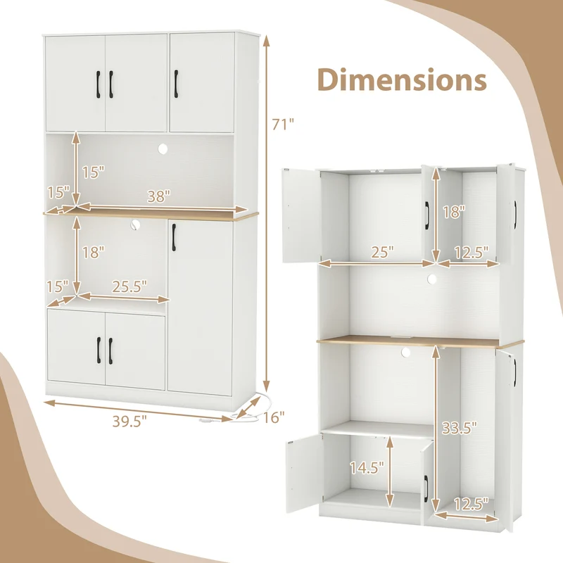 71" Tall Kitchen Pantry Cabinet with Charging Station Wooden Buffet Cupboard Sideboard, White