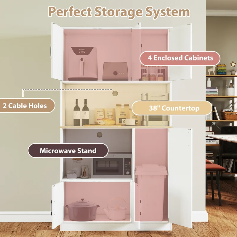 71" Tall Kitchen Pantry Cabinet with Charging Station Wooden Buffet Cupboard Sideboard, White